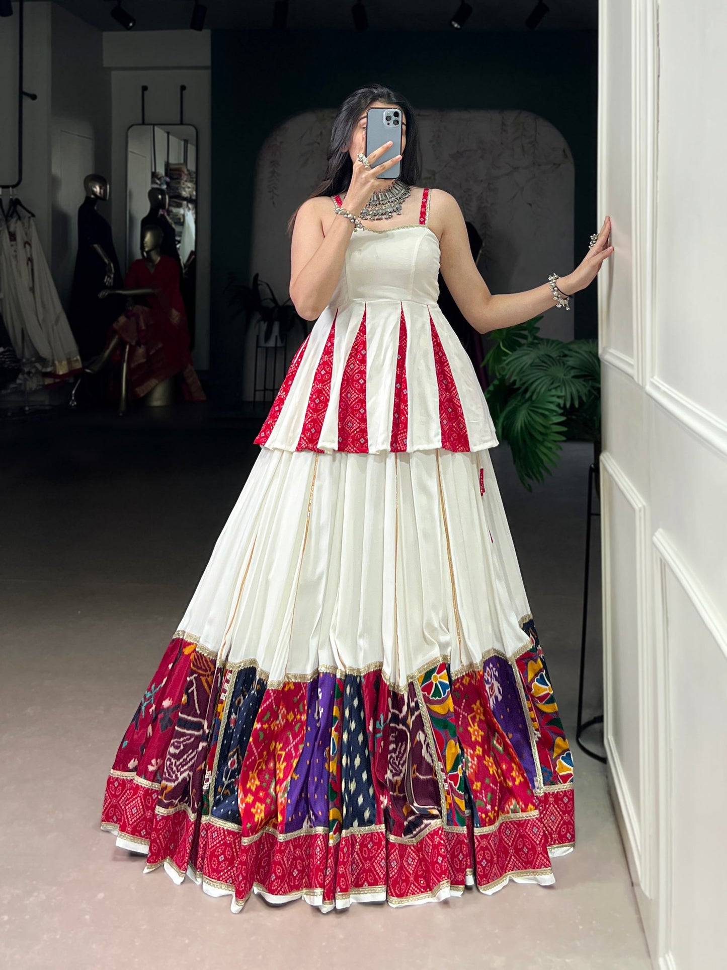 White Multicolor Pure Rayon Gamthi Work Navratri Lehenga Choli