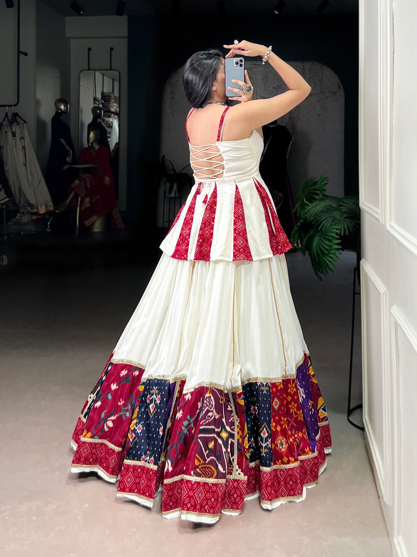 White Multicolor Pure Rayon Gamthi Work Navratri Lehenga Choli