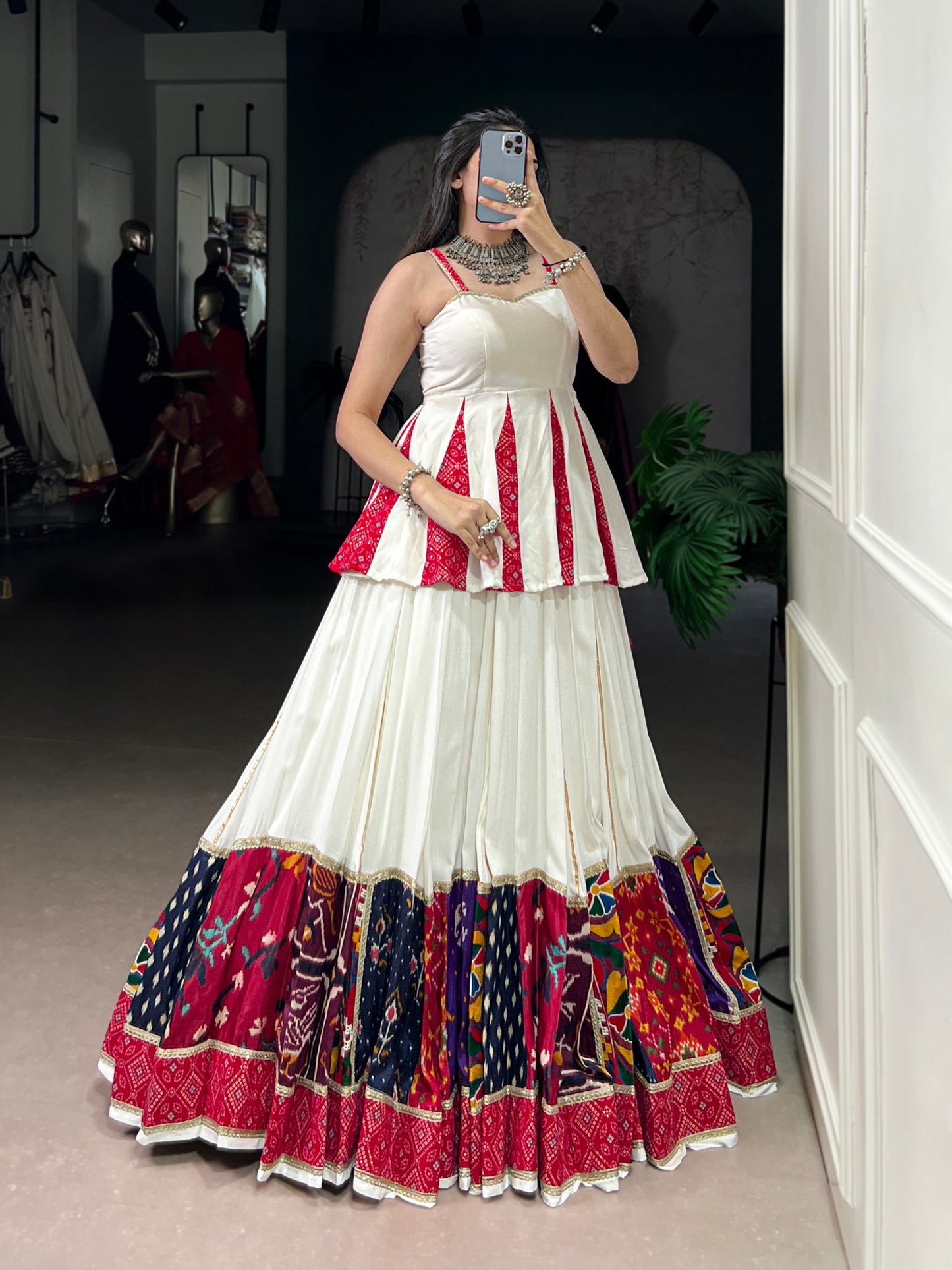 White Multicolor Pure Rayon Gamthi Work Navratri Lehenga Choli