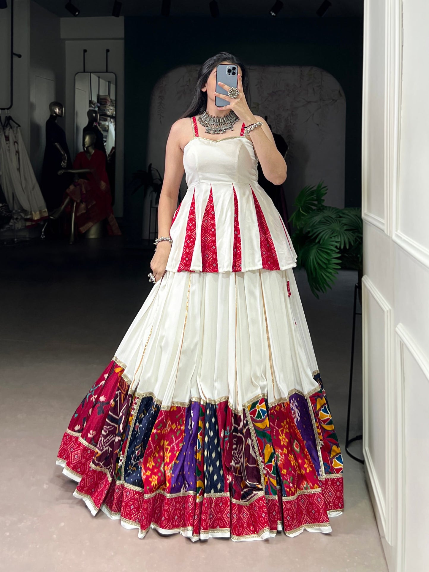 White Multicolor Pure Rayon Gamthi Work Navratri Lehenga Choli