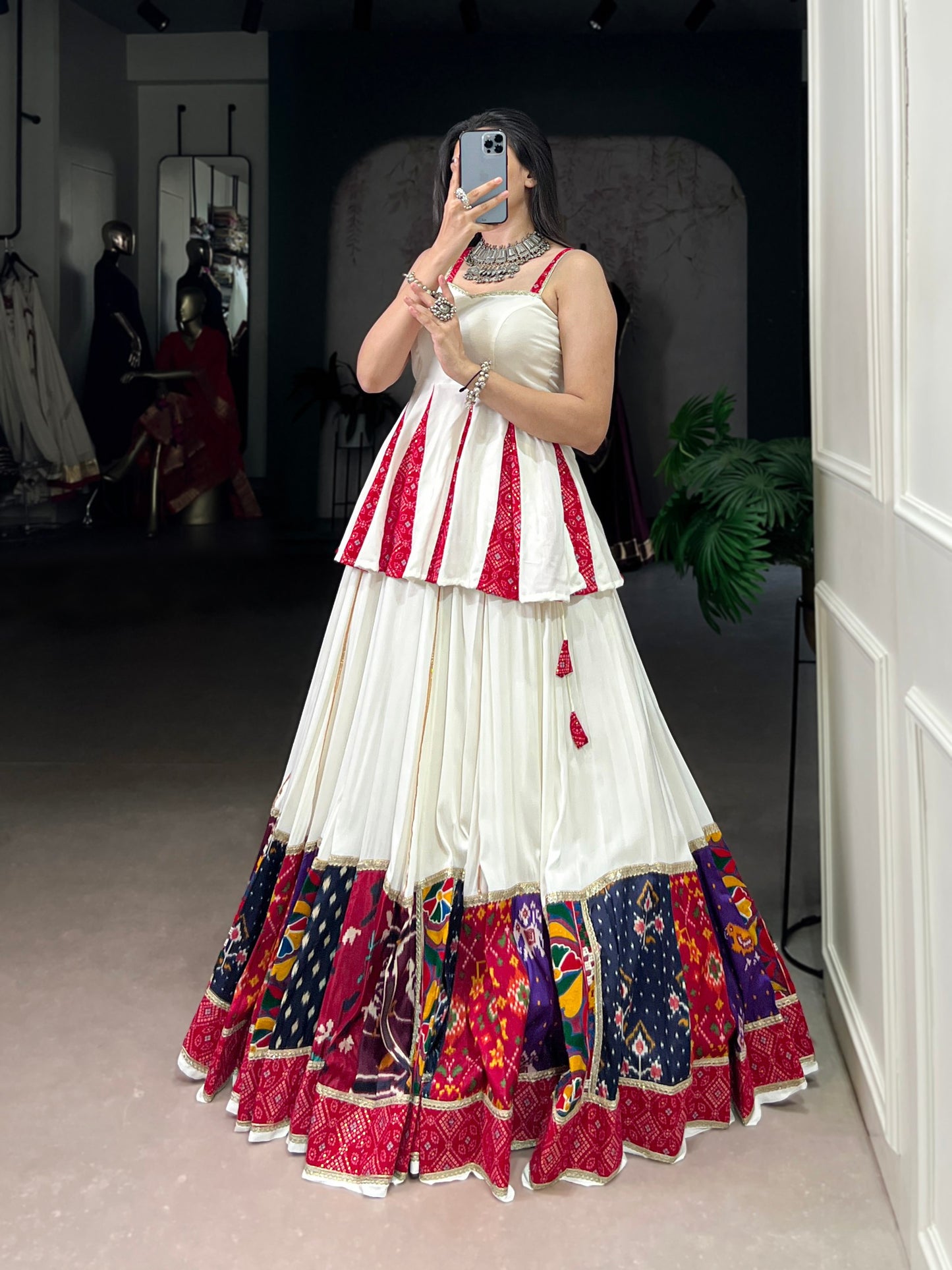 White Multicolor Pure Rayon Gamthi Work Navratri Lehenga Choli