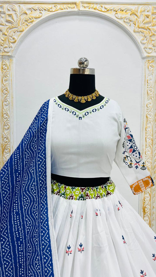 White Digital Print Real Mirror Work Navratri Lehenga Choli