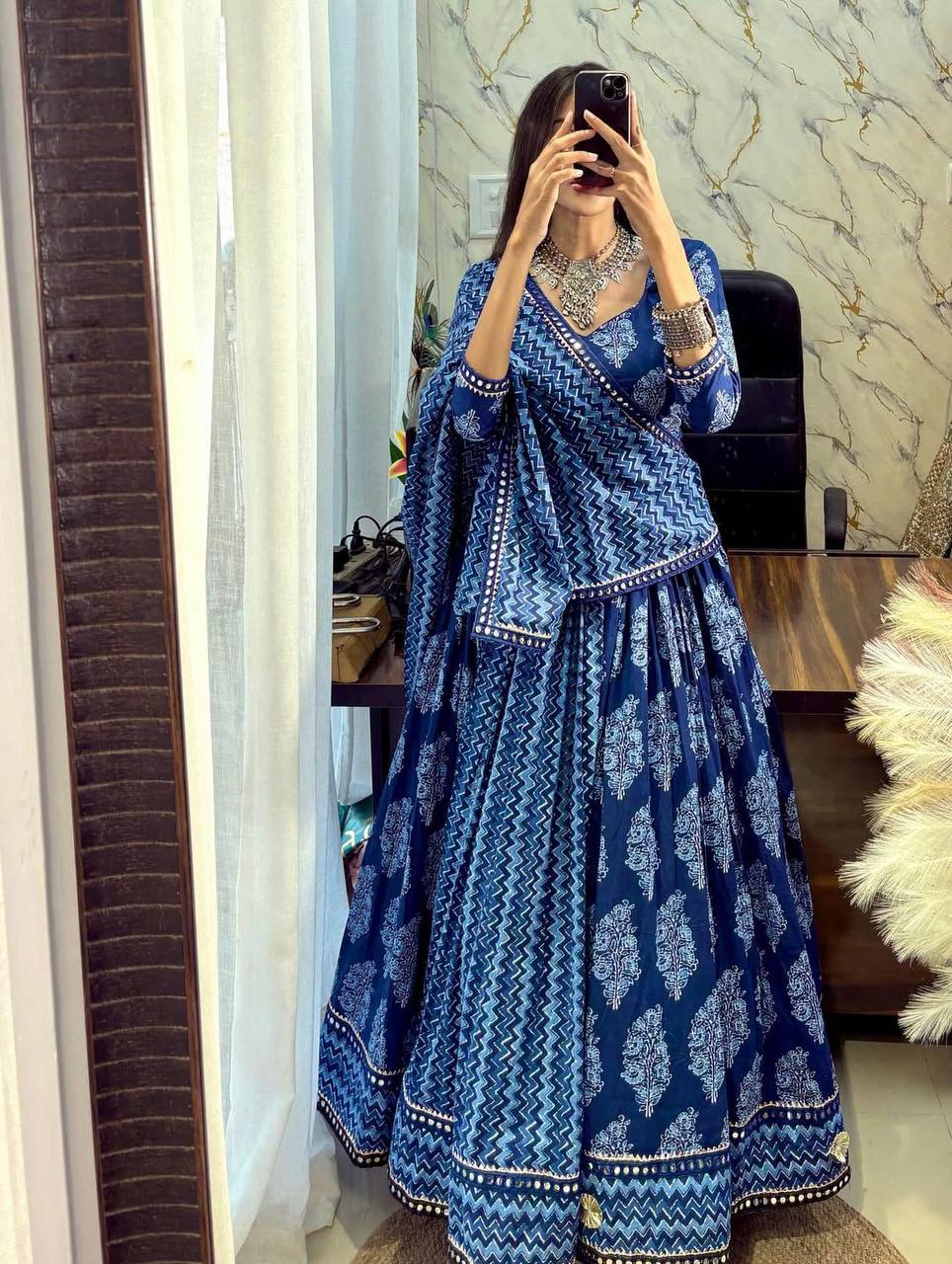 Blue Printed Polly Reyon Real Mirror Work Navratri Lehenga Choli