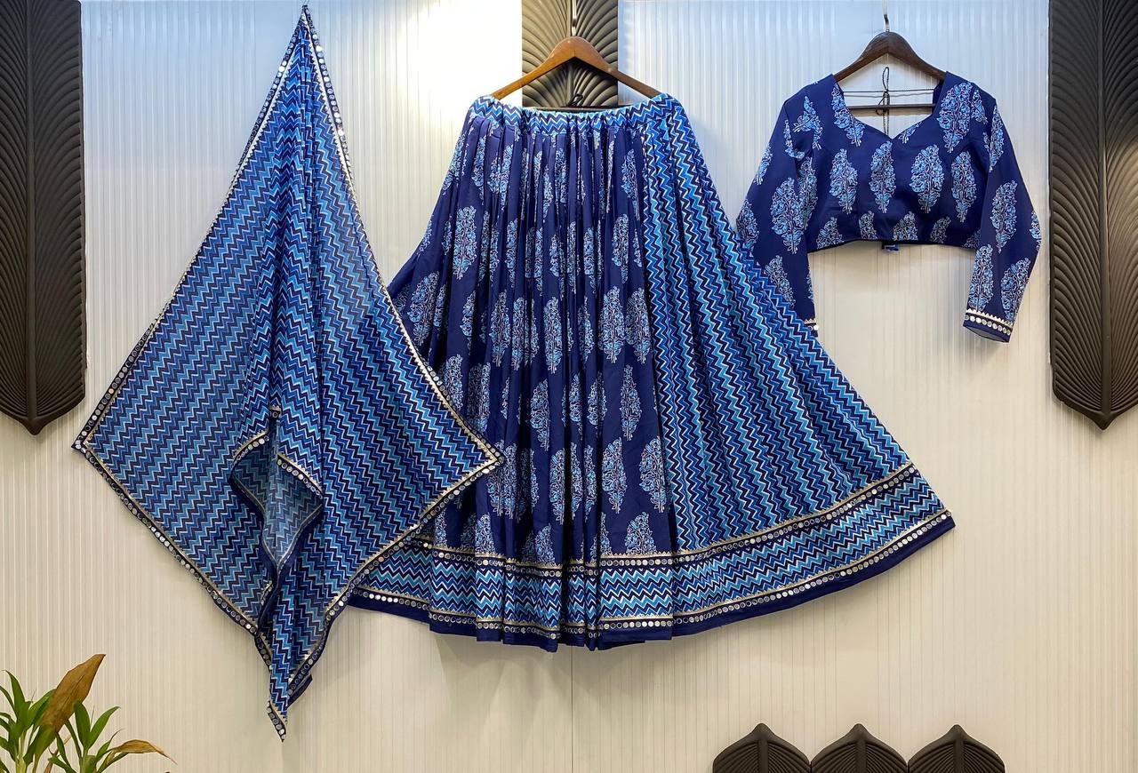 Blue Printed Polly Reyon Real Mirror Work Navratri Lehenga Choli