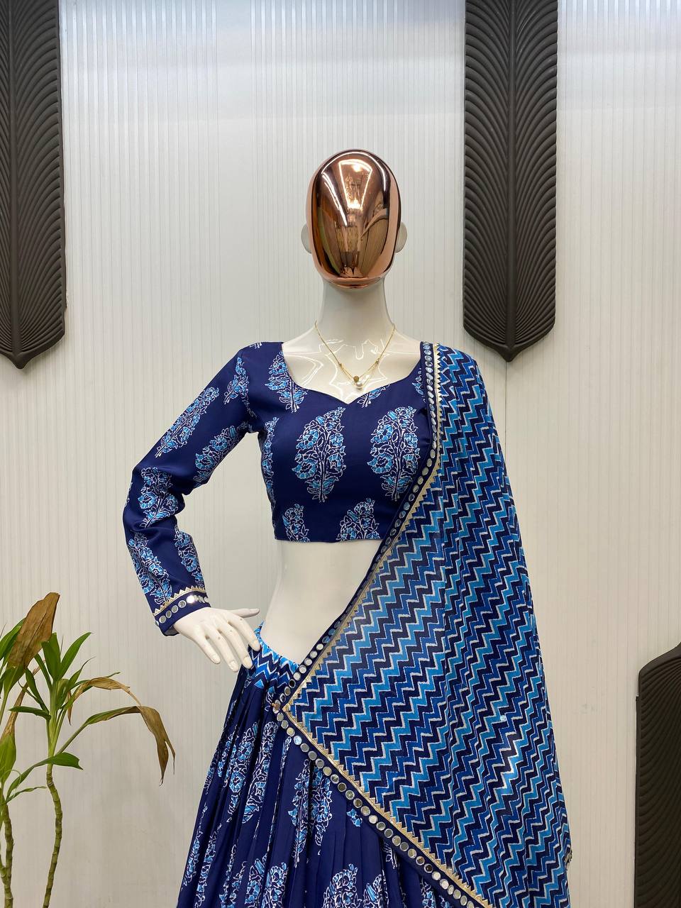Blue Printed Polly Reyon Real Mirror Work Navratri Lehenga Choli