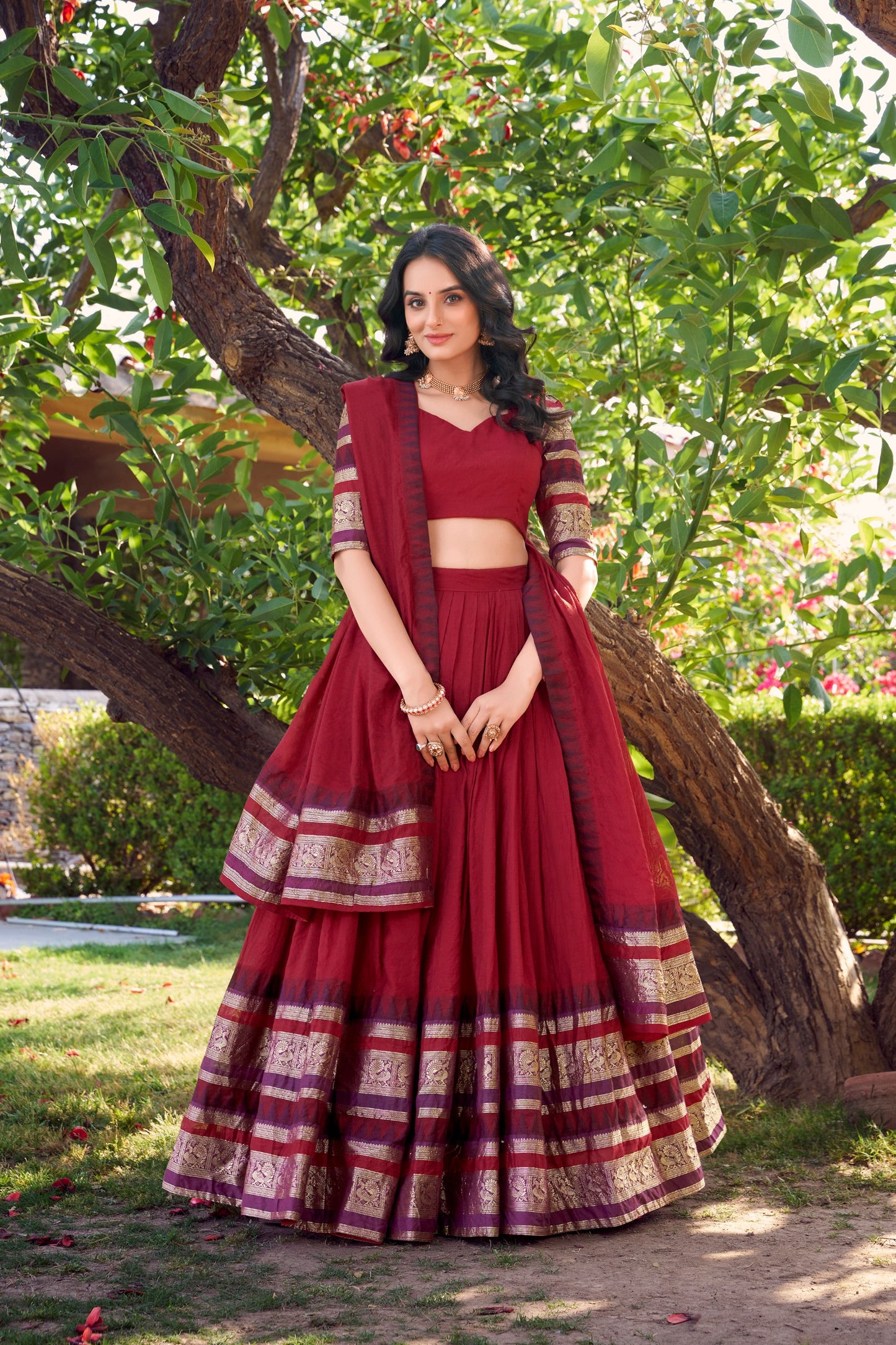 Red Pure Chanderi Plain With Zari Weaving Work Border Lehenga Choli