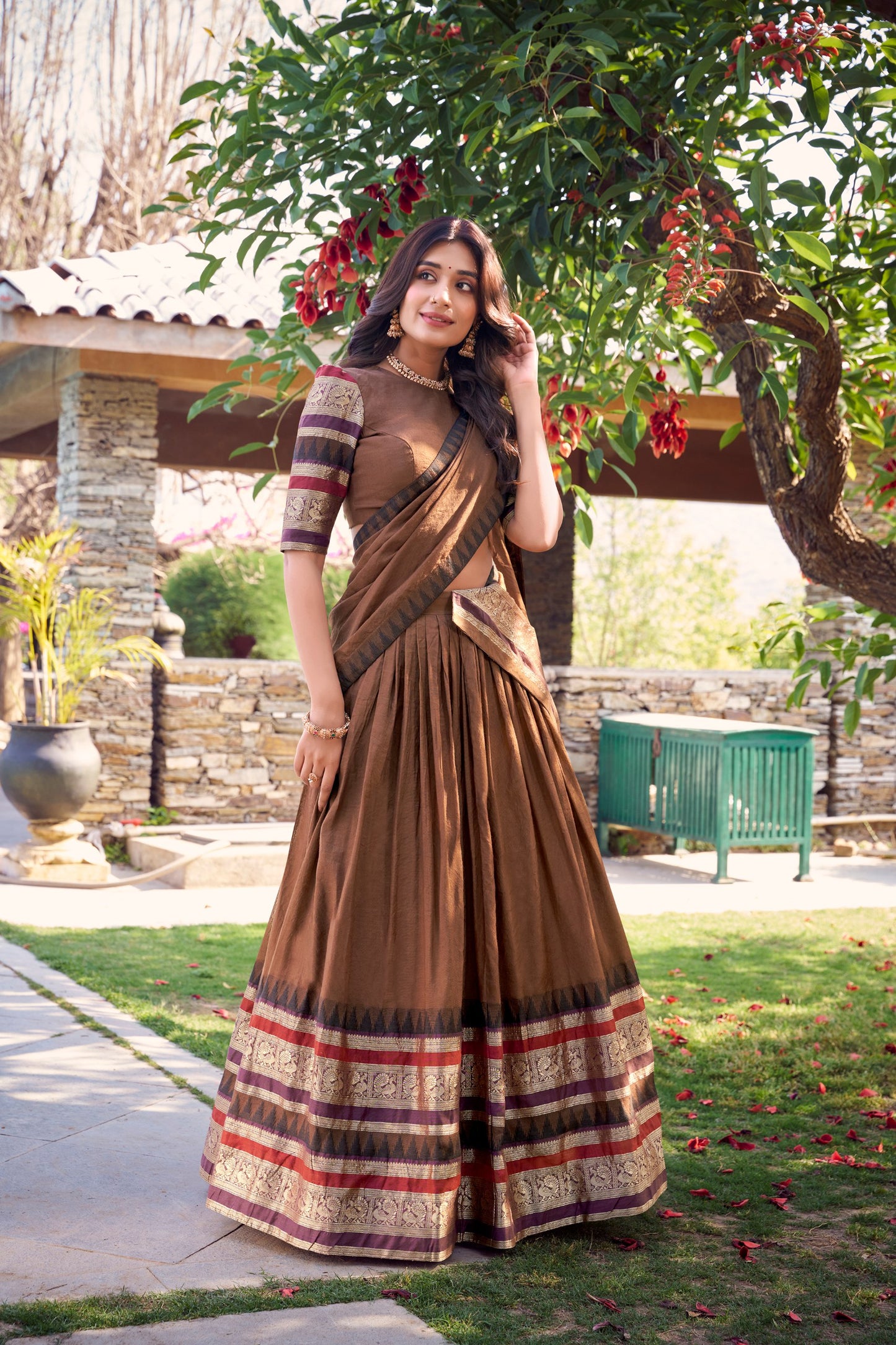 Brown Pure Chanderi Plain With Zari Weaving Work Border Lehenga Choli