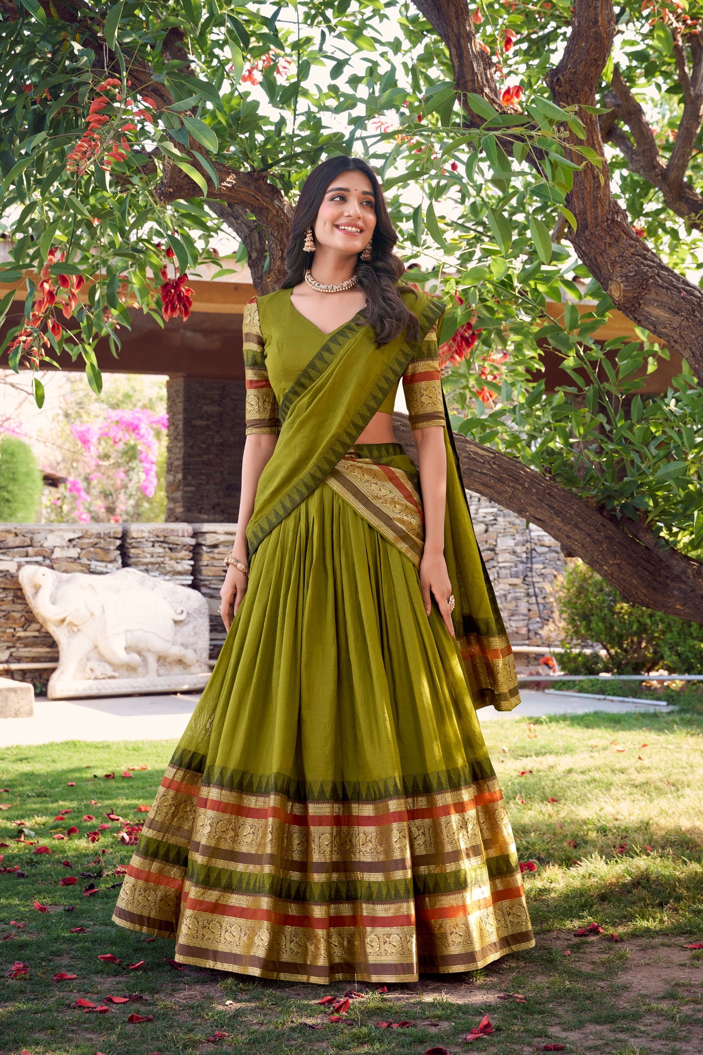 Mehandi Pure Chanderi Plain With Zari Weaving Work Border Lehenga Choli