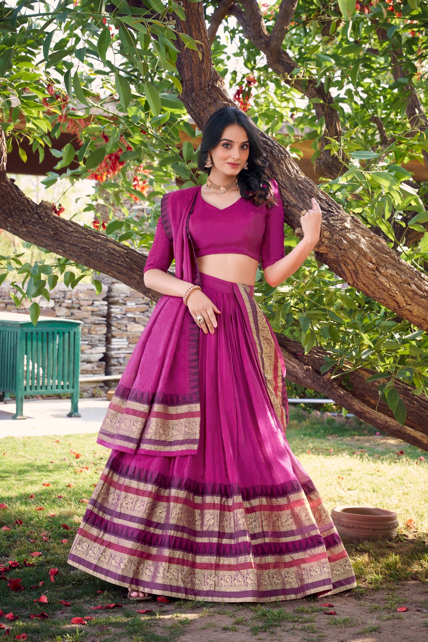 Pink Pure Chanderi Plain With Zari Weaving Work Border Lehenga Choli