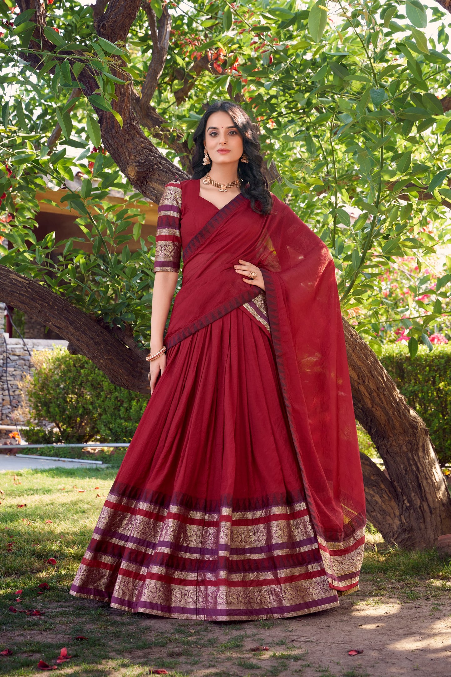 Red Pure Chanderi Plain With Zari Weaving Work Border Lehenga Choli