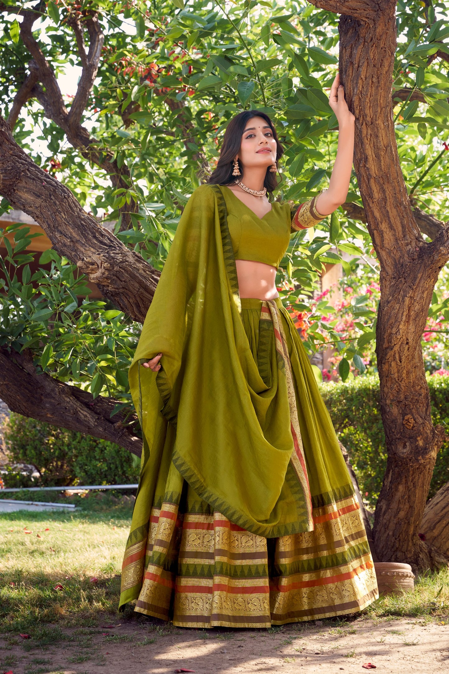 Mehandi Pure Chanderi Plain With Zari Weaving Work Border Lehenga Choli
