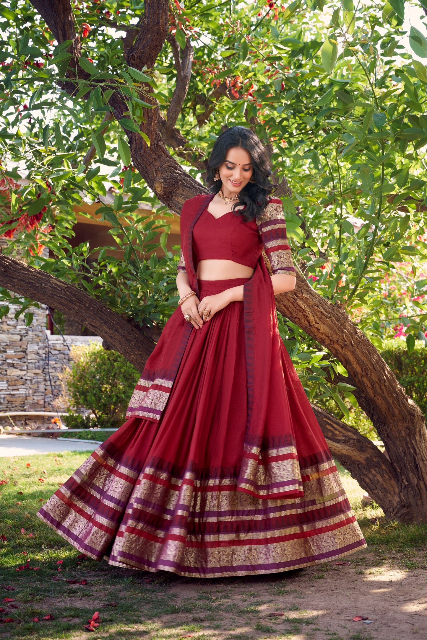 Red Pure Chanderi Plain With Zari Weaving Work Border Lehenga Choli