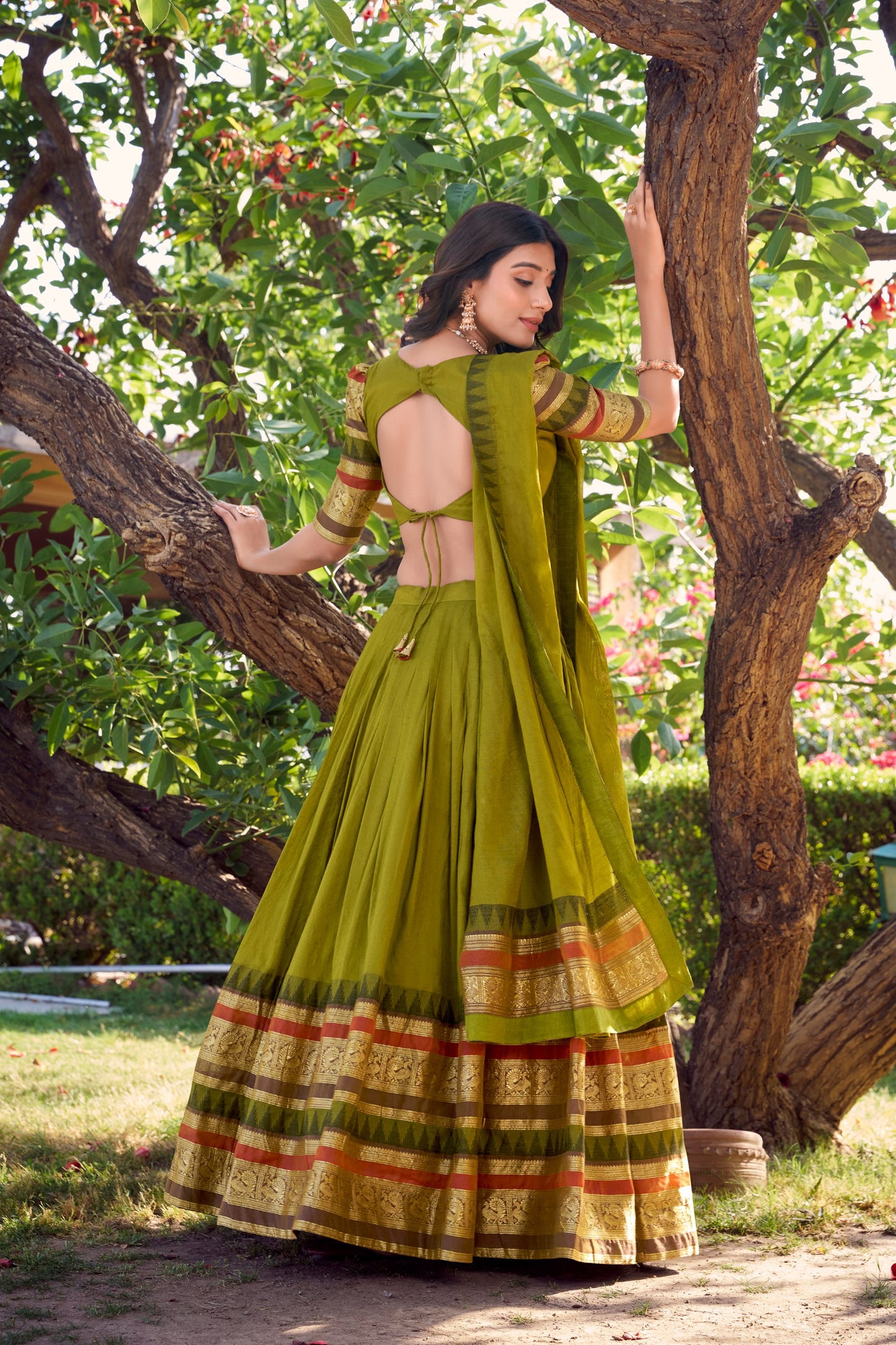 Mehandi Pure Chanderi Plain With Zari Weaving Work Border Lehenga Choli