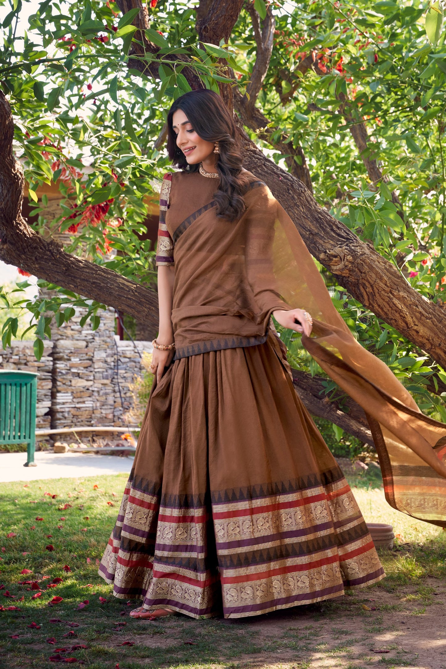 Brown Pure Chanderi Plain With Zari Weaving Work Border Lehenga Choli
