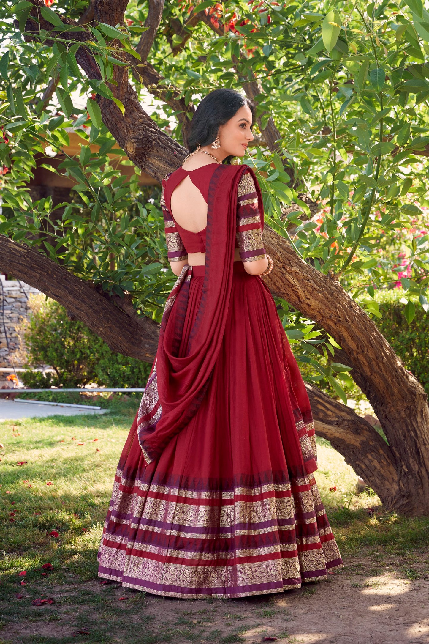 Red Pure Chanderi Plain With Zari Weaving Work Border Lehenga Choli