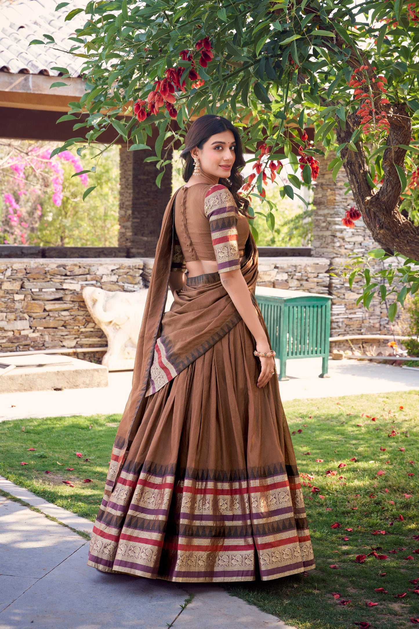 Brown Pure Chanderi Plain With Zari Weaving Work Border Lehenga Choli