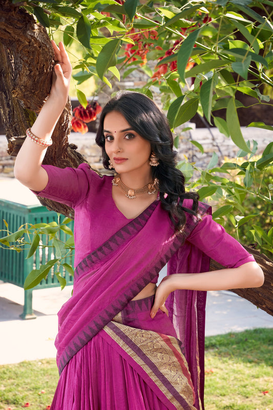 Pink Pure Chanderi Plain With Zari Weaving Work Border Lehenga Choli