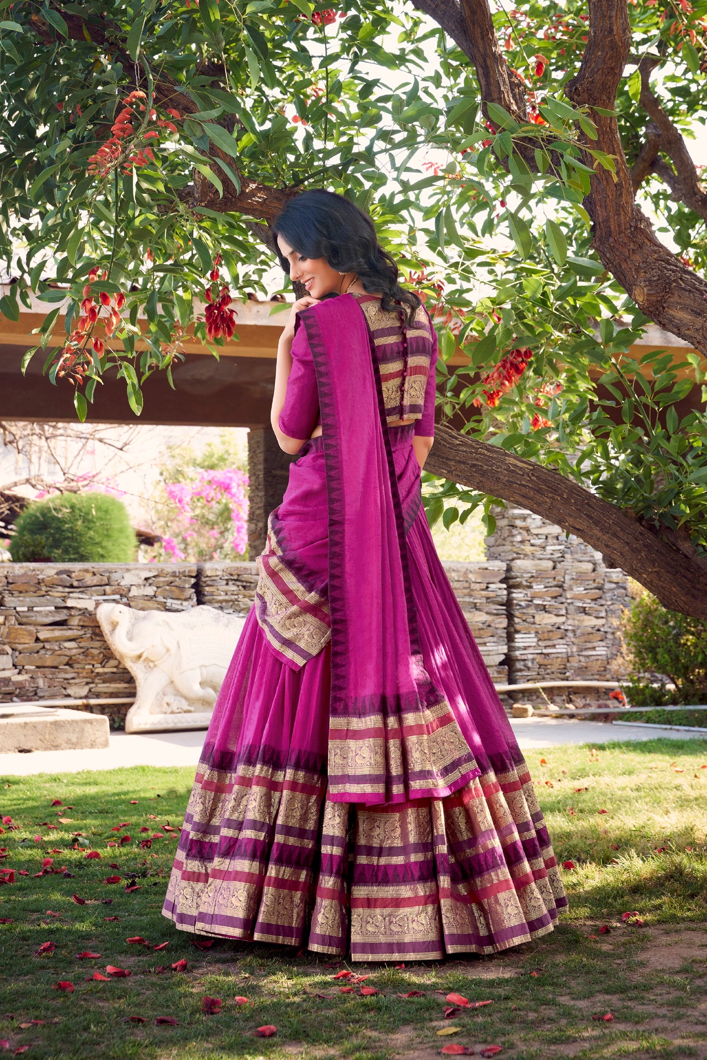Pink Pure Chanderi Plain With Zari Weaving Work Border Lehenga Choli