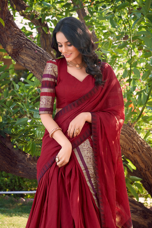 Red Pure Chanderi Plain With Zari Weaving Work Border Lehenga Choli