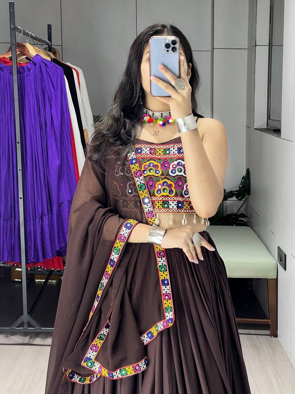 Brown Pure Rayon Cotton Traditional Gota Patti Work Navratri Lehenga Choli