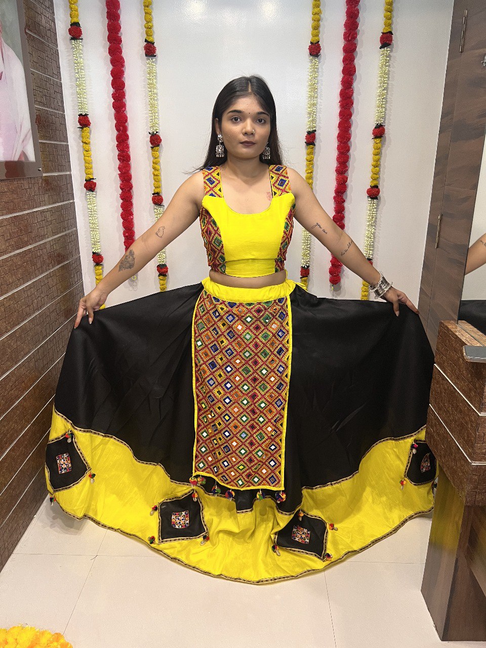 Yellow Cotton Silk Gamthi Work Butta Lace Work Navratri Lehenga Choli