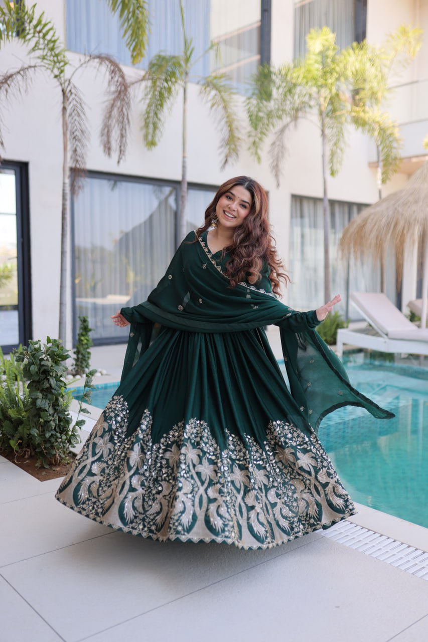 Green Rangoli Crush With Sequins Multi Embroidered Work Gown