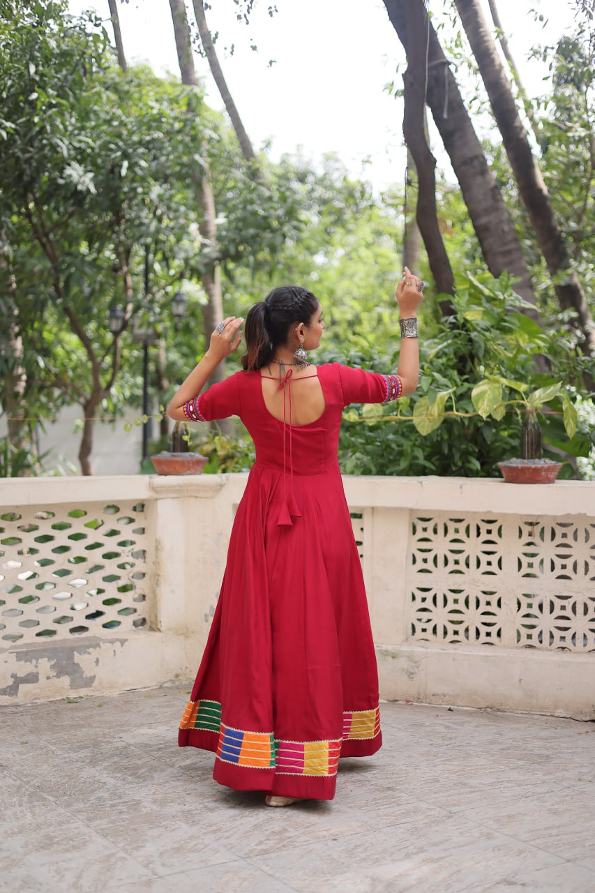 Maroon Roman Thread And Mirror Work Navratri Gown