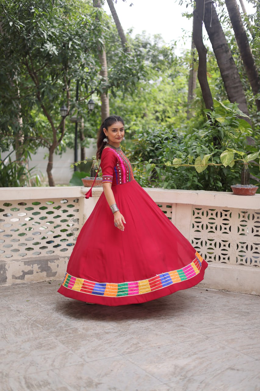 Maroon Roman Thread And Mirror Work Navratri Gown