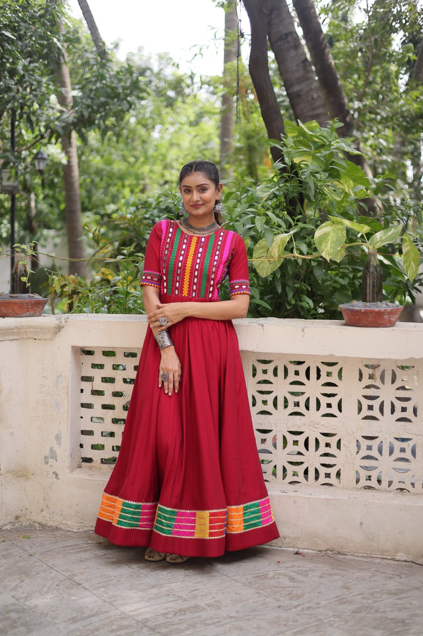 Maroon Roman Thread And Mirror Work Navratri Gown