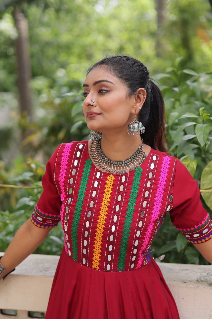 Maroon Roman Thread And Mirror Work Navratri Gown
