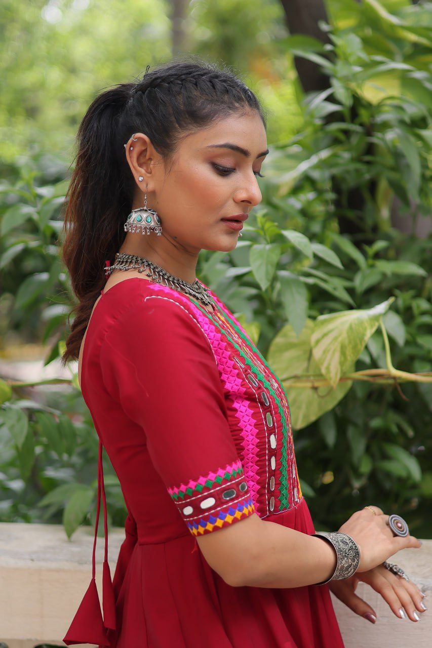 Maroon Roman Thread And Mirror Work Navratri Gown
