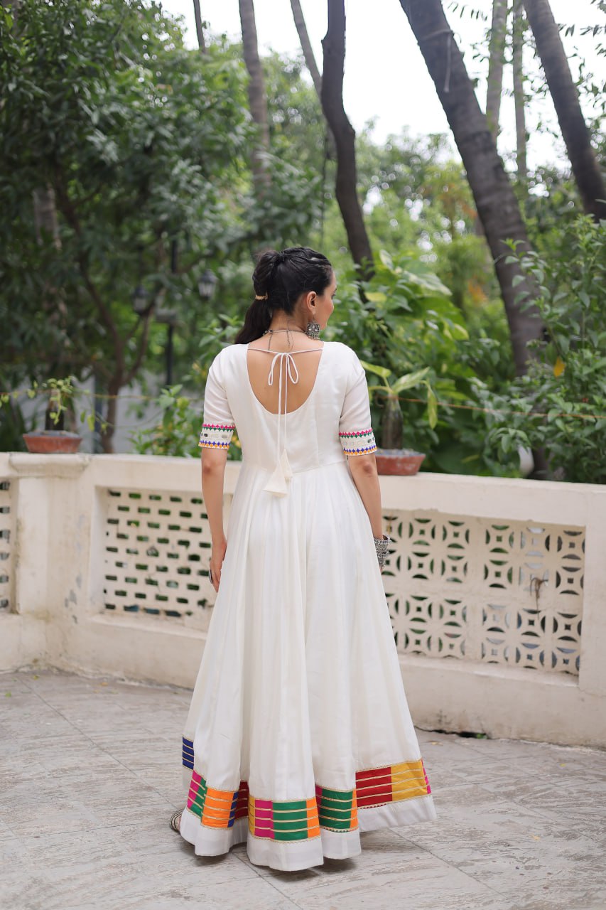 White Roman Thread And Mirror Work Navratri Gown