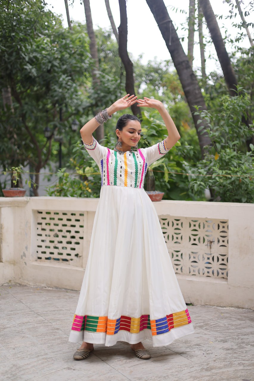 White Roman Thread And Mirror Work Navratri Gown