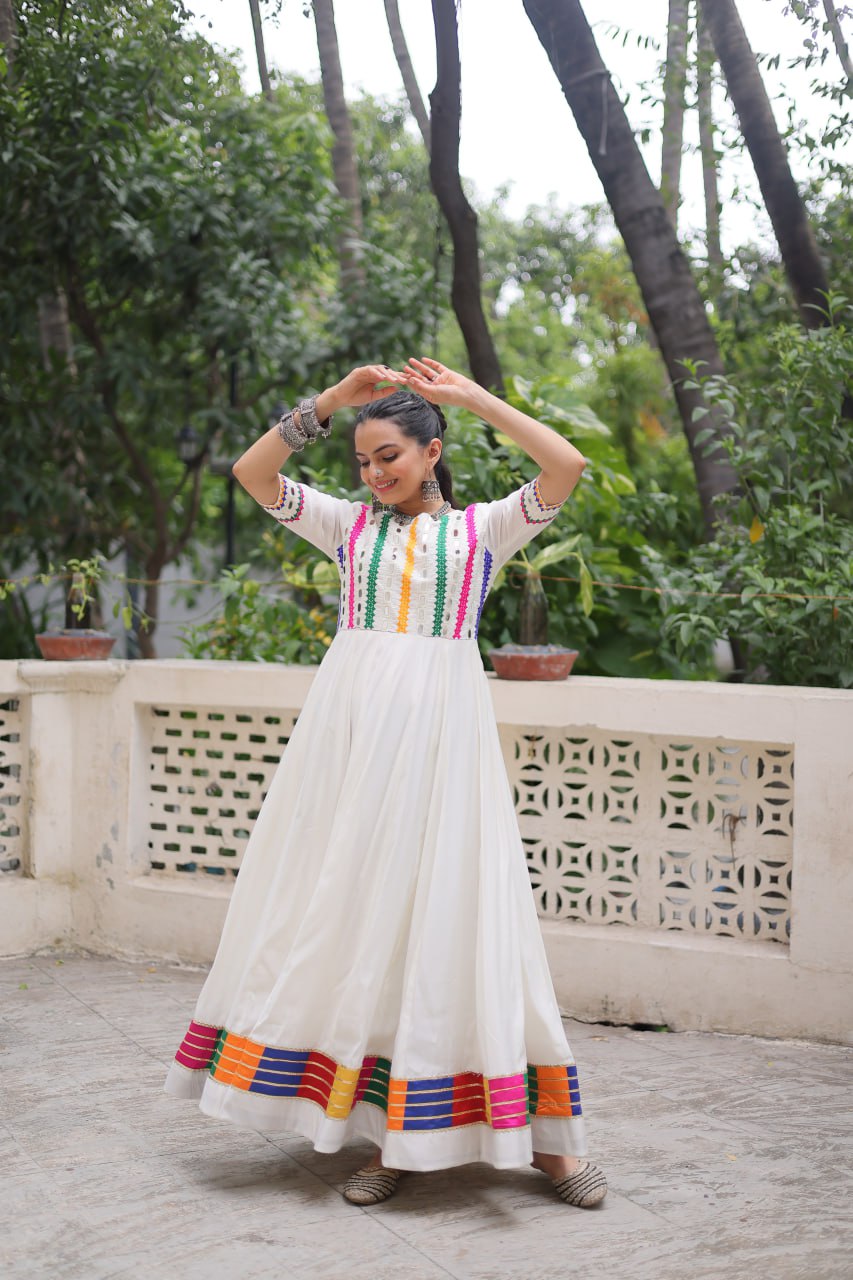 White Roman Thread And Mirror Work Navratri Gown