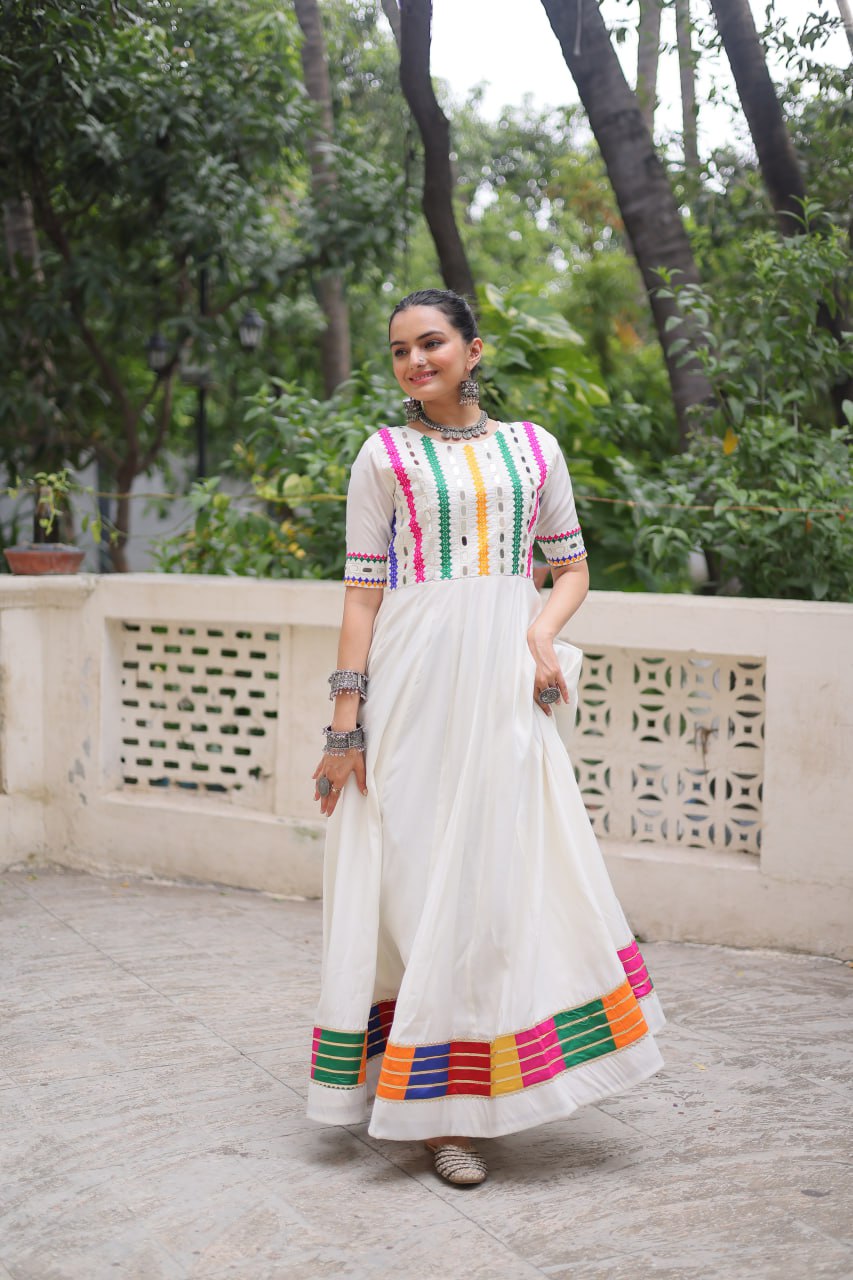 White Roman Thread And Mirror Work Navratri Gown
