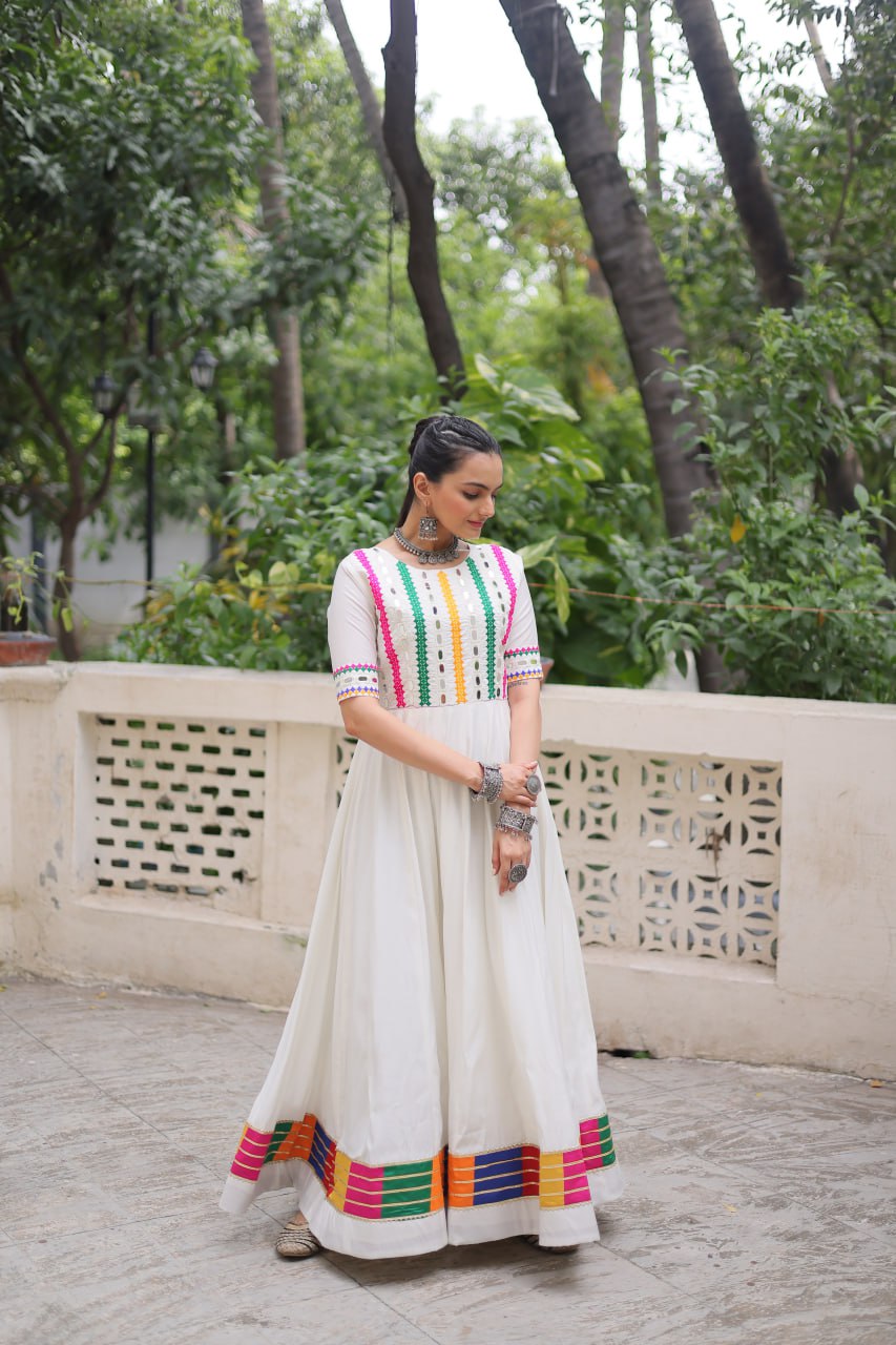 White Roman Thread And Mirror Work Navratri Gown