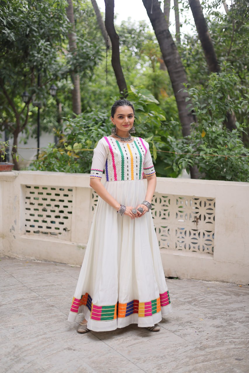 White Roman Thread And Mirror Work Navratri Gown