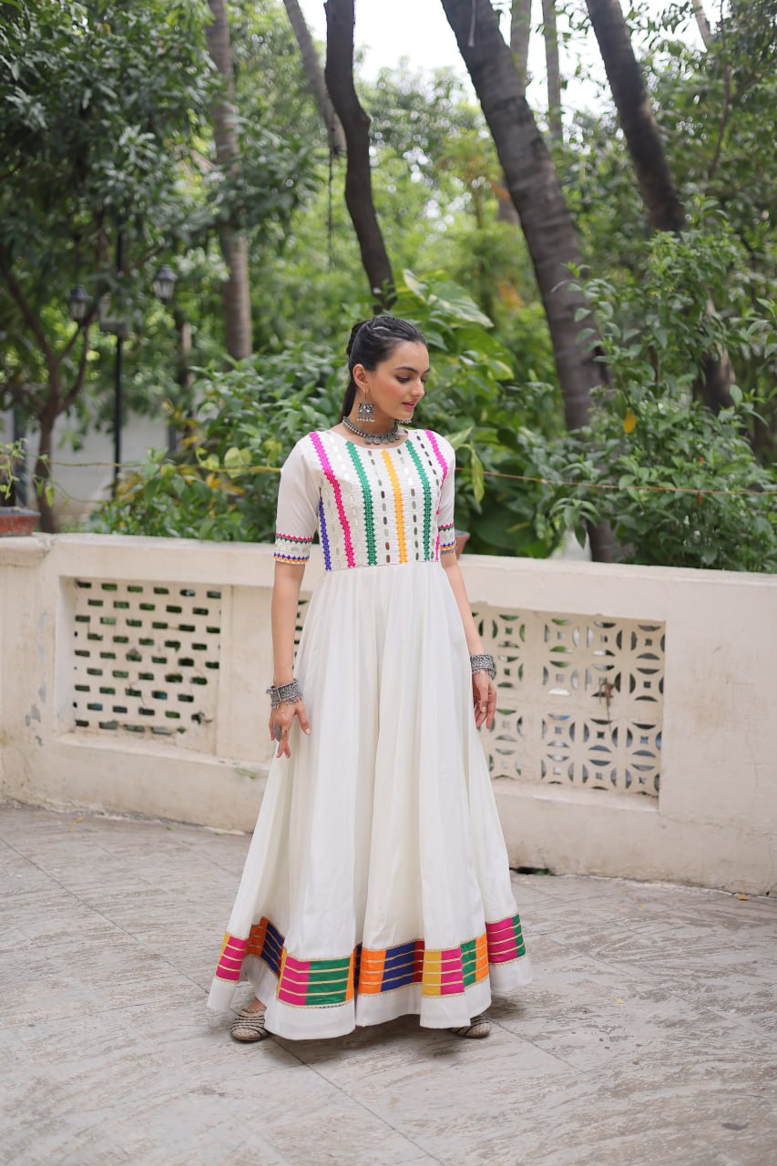 White Roman Thread And Mirror Work Navratri Gown