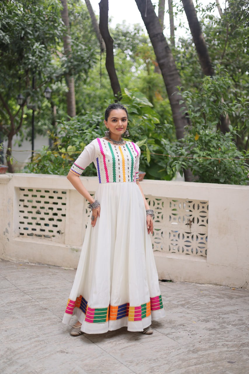 White Roman Thread And Mirror Work Navratri Gown