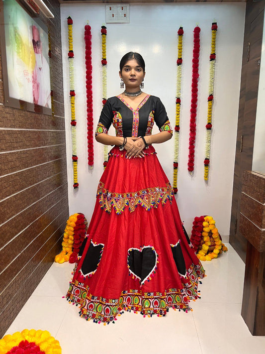 Red Cotton Silk Gamthi Work Butta Lace Work Navratri Lehenga Choli