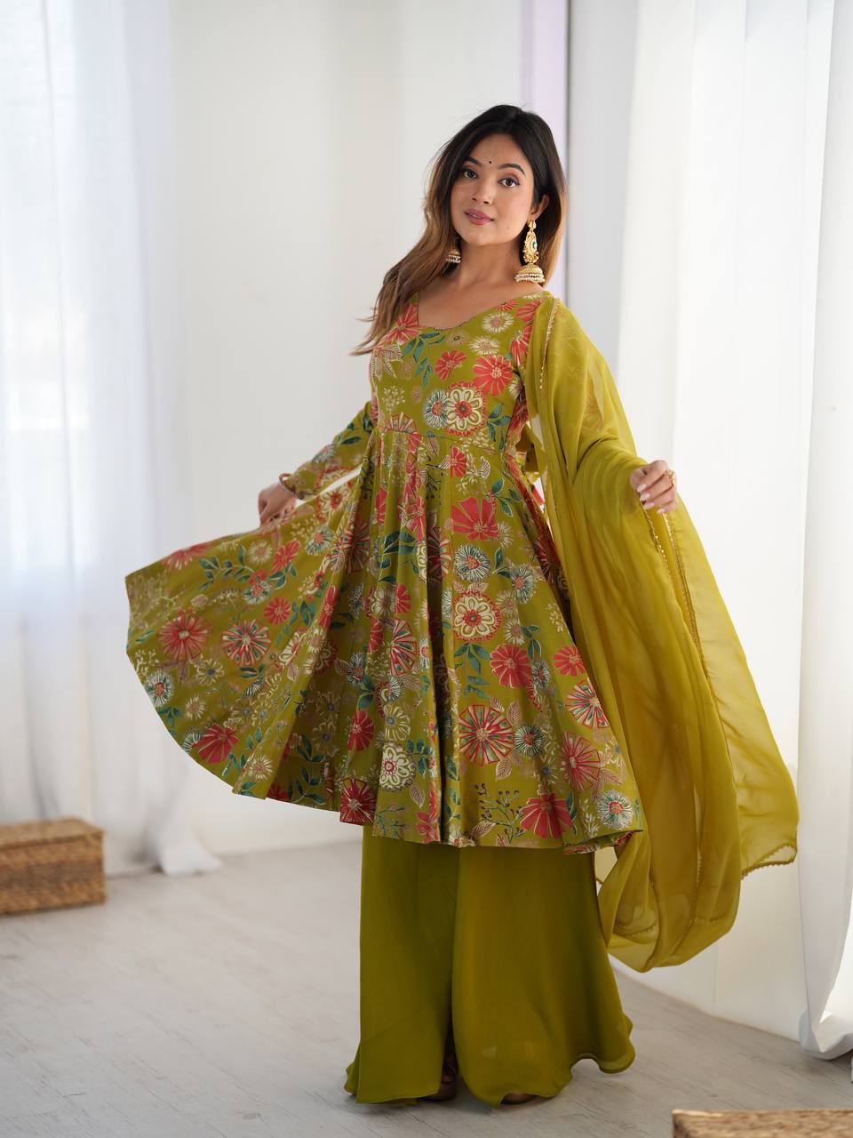 Mehandi Chanderi Discharge Print Fabric Fancy Lace Work Palazzo Suit Set