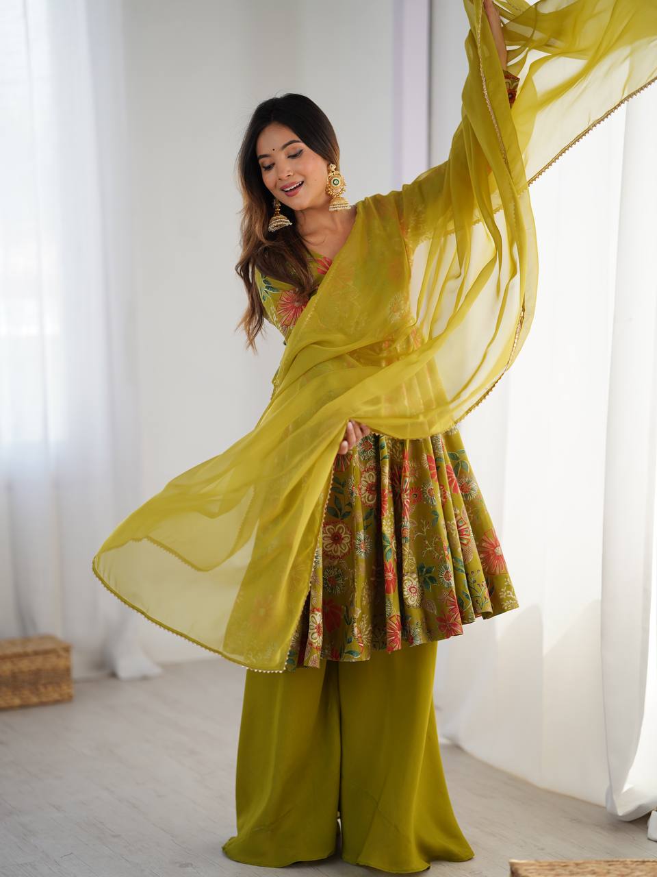 Mehandi Chanderi Discharge Print Fabric Fancy Lace Work Palazzo Suit Set