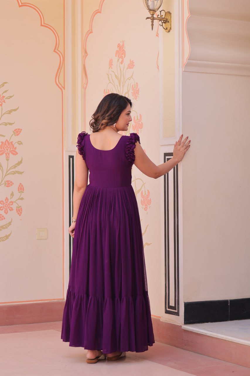 Purple Faux Blooming With Sequins Embroidered Work Sleevesless Gown