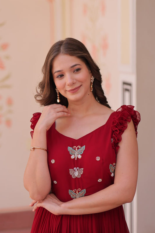 Maroon Faux Blooming With Sequins Embroidered Work Sleevesless Gown