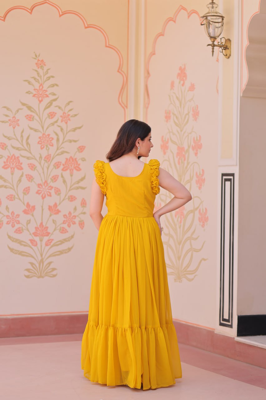 Yellow Faux Blooming With Sequins Embroidered Work Sleevesless Gown