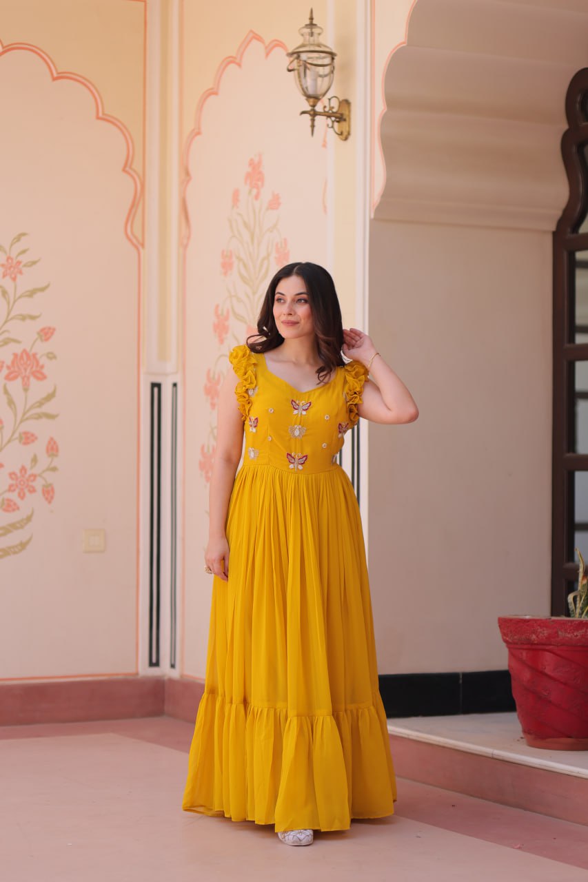 Yellow Faux Blooming With Sequins Embroidered Work Sleevesless Gown