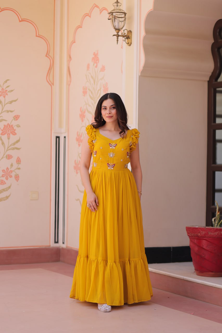 Yellow Faux Blooming With Sequins Embroidered Work Sleevesless Gown