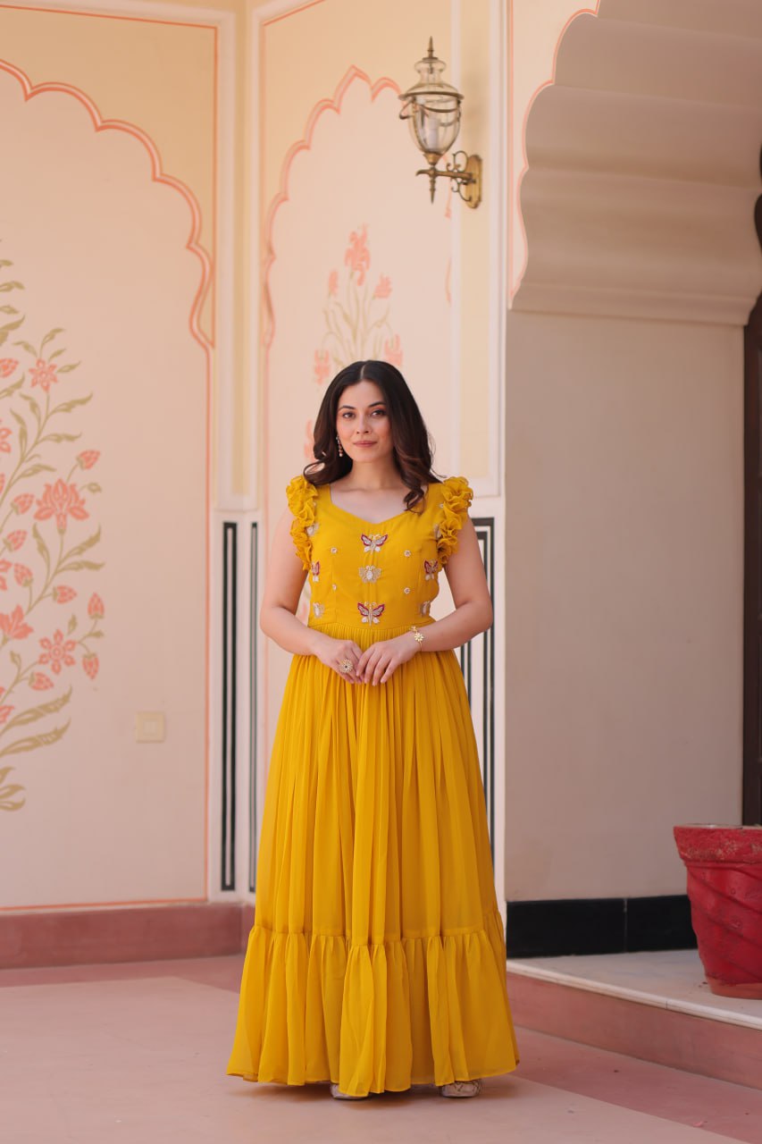 Yellow Faux Blooming With Sequins Embroidered Work Sleevesless Gown