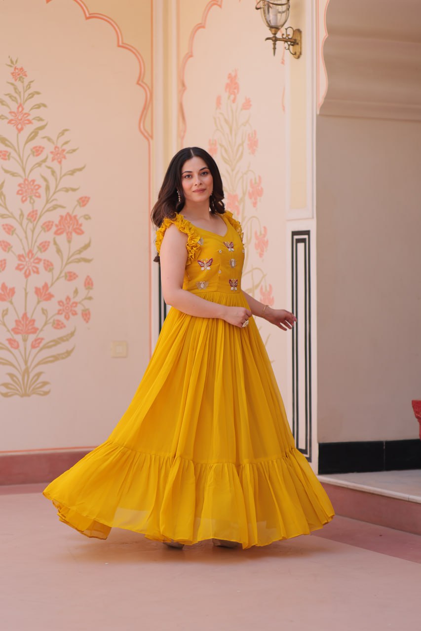 Yellow Faux Blooming With Sequins Embroidered Work Sleevesless Gown