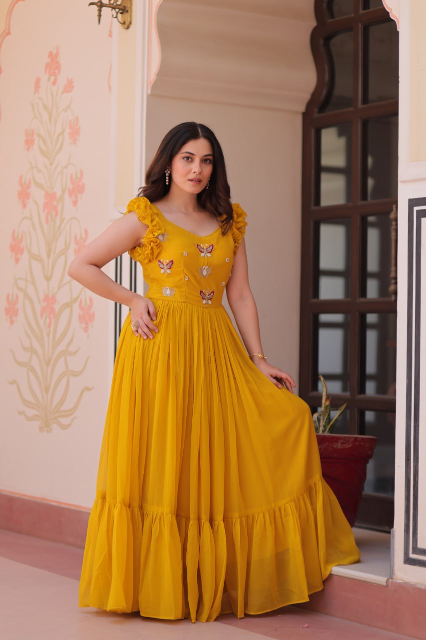 Yellow Faux Blooming With Sequins Embroidered Work Sleevesless Gown